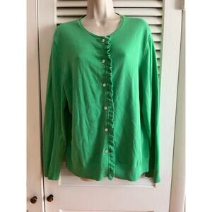 Vtg Lands' End green ruffle front sweater L 14-16 96% cotton3% nylon1% elasthane